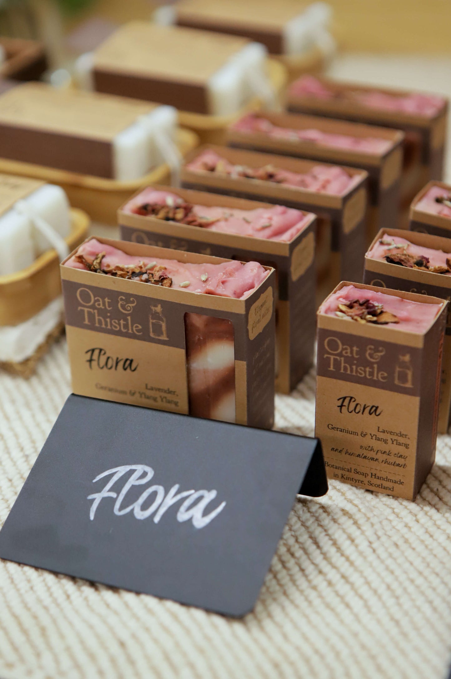 flora soap in packaging on market table